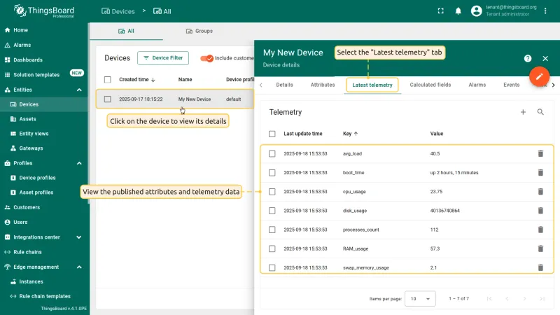 Click on the device to open the **Device details** page and select the **"Latest telemetry"** tab.
