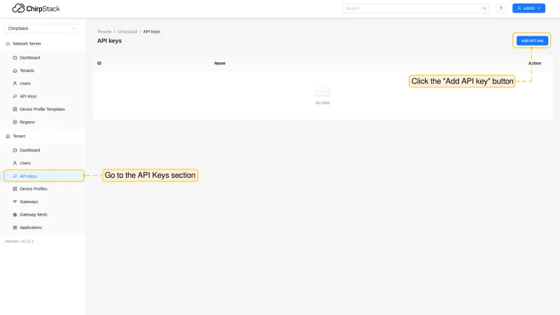 ChirpStack UI — Tenant API Keys section