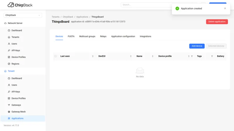 Application created — Integrations tab
