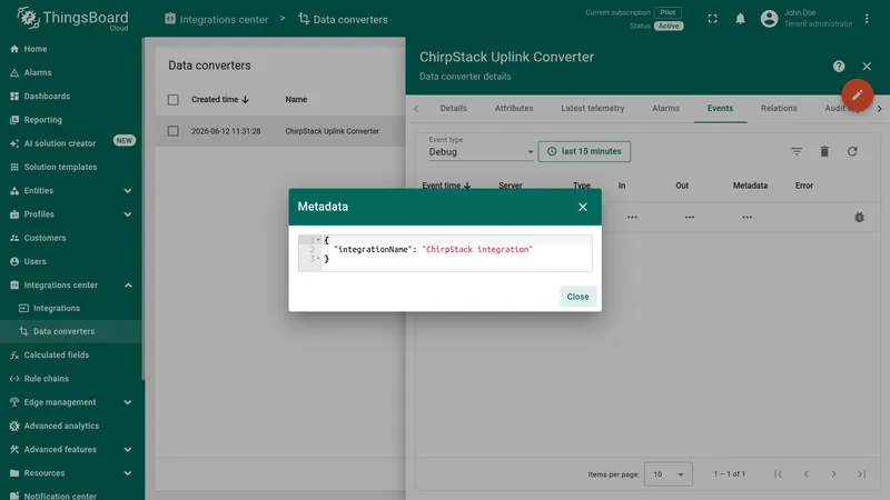 Converter event metadata dialog showing integration information