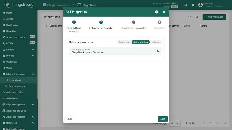 Add integration wizard — Uplink data converter step with ChirpStack Uplink Converter selected