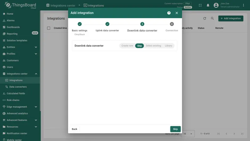 Add integration wizard — Downlink data converter step with Skip selected
