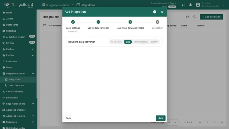 Add integration wizard — Downlink data converter step with Skip selected