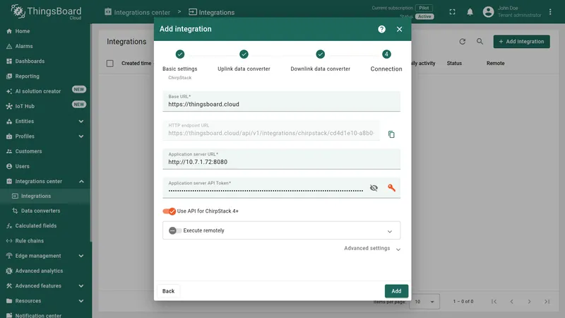 Add integration wizard — Connection step with Base URL, HTTP endpoint URL, Application server URL, and API token fields
