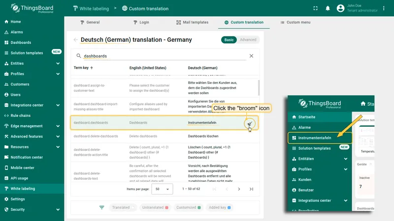 Reset translation with broom icon