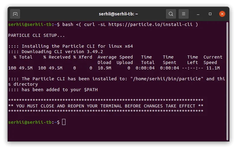 Terminal — bash install script output: downloads the Particle CLI, installs it to ~/bin/particle, adds it to PATH, and warns to close and reopen the terminal before changes take effect