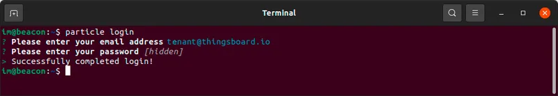 Terminal — particle login command: prompts for email and password, then prints Successfully completed login