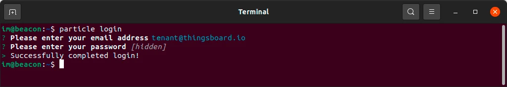 Terminal — particle login command: prompts for email and password, then prints Successfully completed login