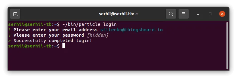 Terminal — particle login command: prompts for email and password, then prints Successfully completed login