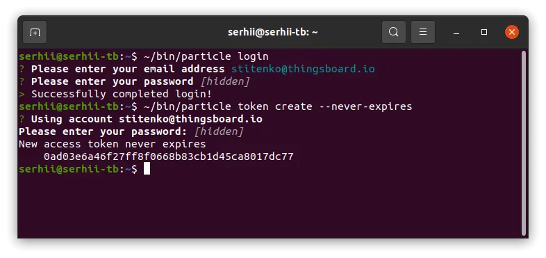Terminal — particle token create --never-expires command prompts for the account password, then outputs New access token never expires followed by the token string