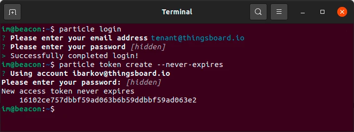 Terminal — particle token create --never-expires command outputs New access token never expires followed by the token string