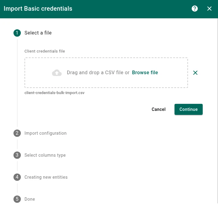 Step 1 — select a CSV file for bulk import