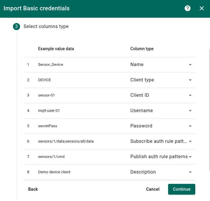 Step 3 — map CSV columns to credential fields