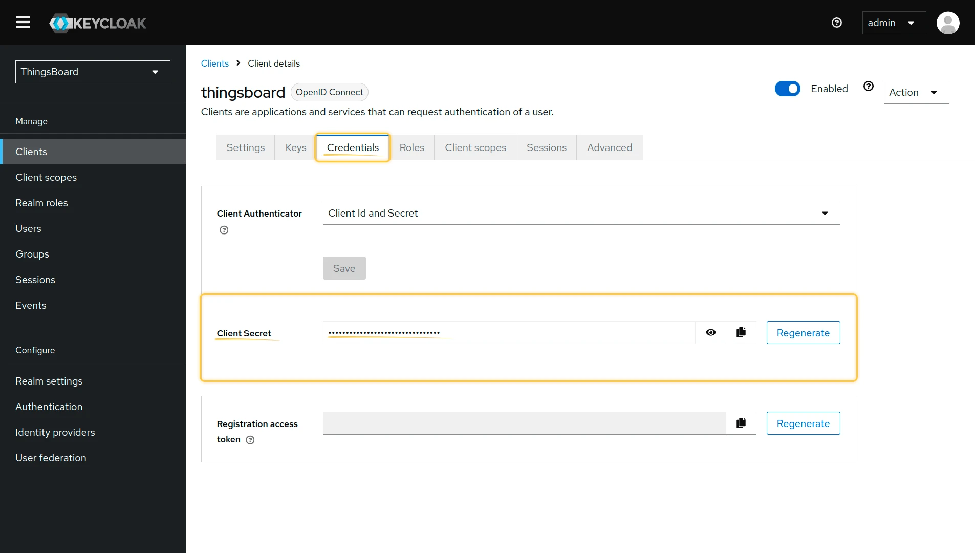 Keycloak client Credentials tab
