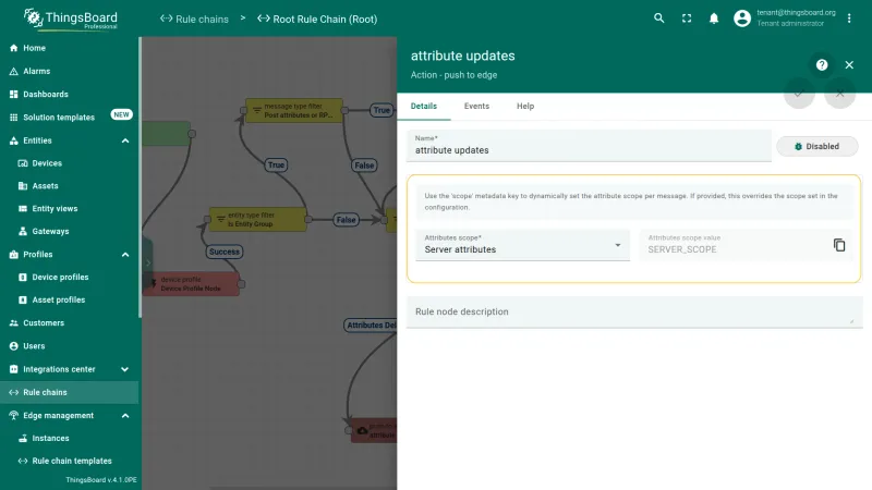 Push to edge node settings showing attribute scope selection — PE