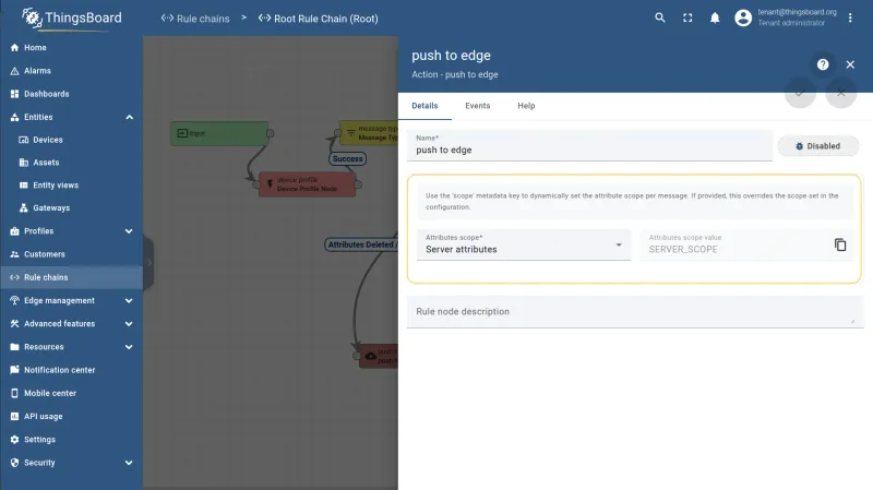 Push to edge node settings showing attribute scope selection — CE