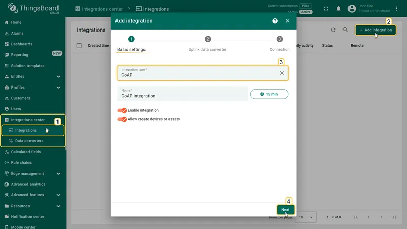 Add integration wizard — Basic settings: Integration type CoAP, name CoAP integration, Enable integration and Allow create devices or assets toggles both on