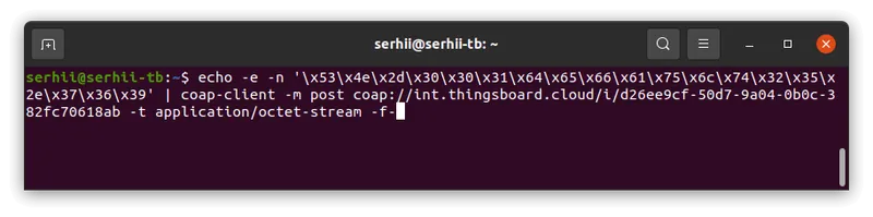 Terminal window: coap-client POST command sending hex-escaped binary payload with Content-Type application/octet-stream to the CoAP integration endpoint