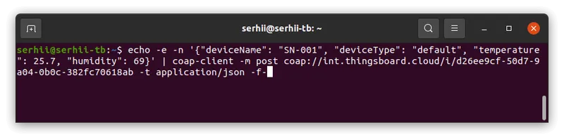 Terminal window: coap-client POST command sending JSON payload with Content-Type application/json to the CoAP integration endpoint