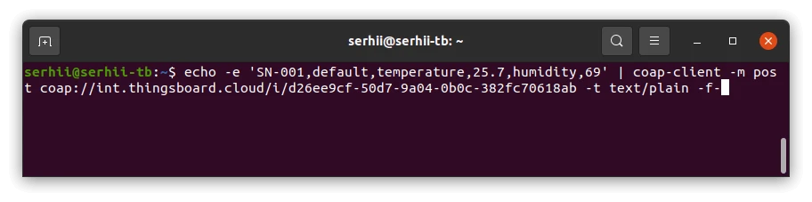Terminal window: coap-client POST command sending CSV text payload with Content-Type text/plain to the CoAP integration endpoint