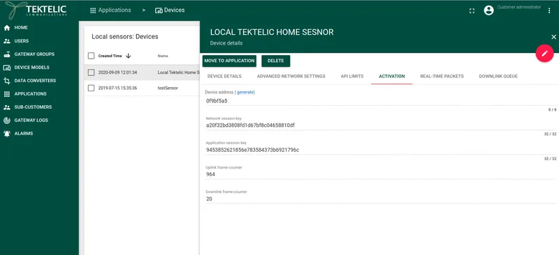 Sensor Activation tab showing Application and Network session keys