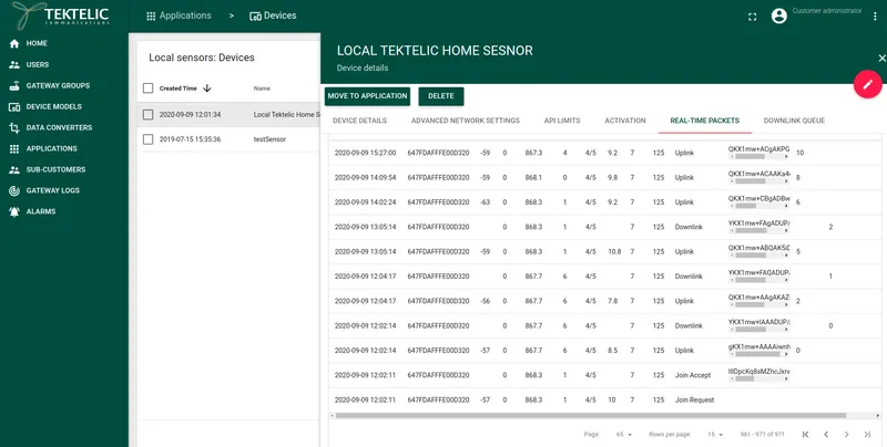 KONA Network Server Real-Time Packets tab showing join and uplink packets from the sensor