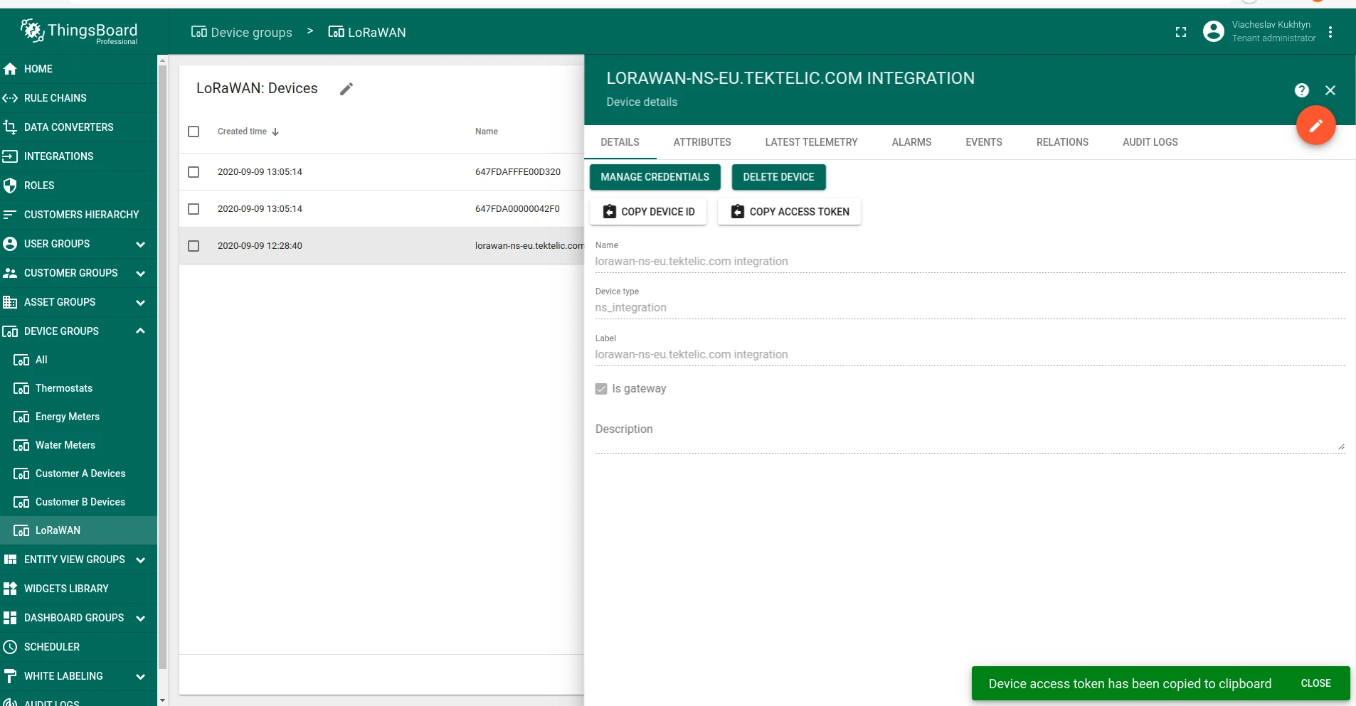 ThingsBoard new device dialog with Is gateway checkbox enabled