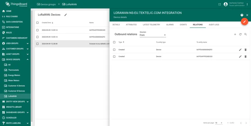 ThingsBoard Relations tab showing the auto-created gateway and sensor devices
