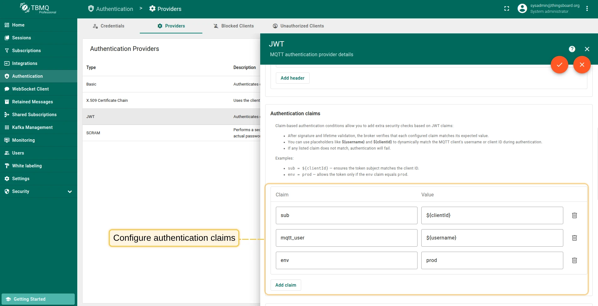 Configure JWT authentication claims for MQTT clients