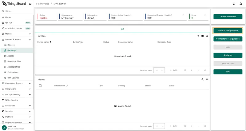 Gateway device page with General configuration button