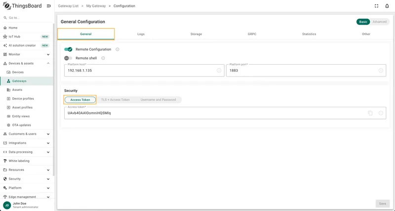 General tab showing the Access token field