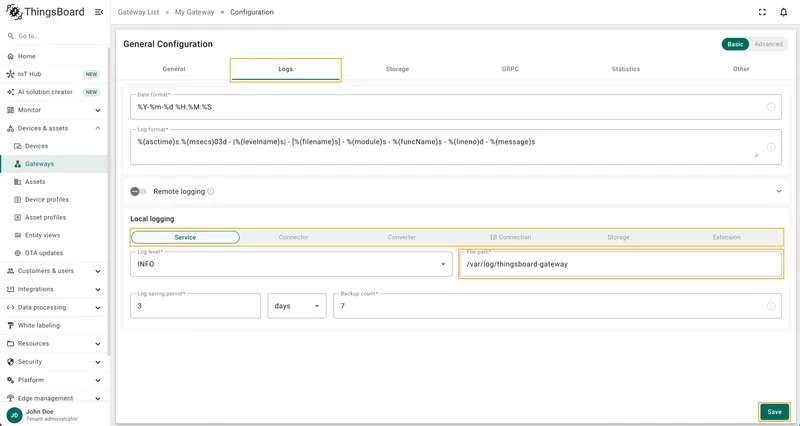 Logs tab with the file path field updated