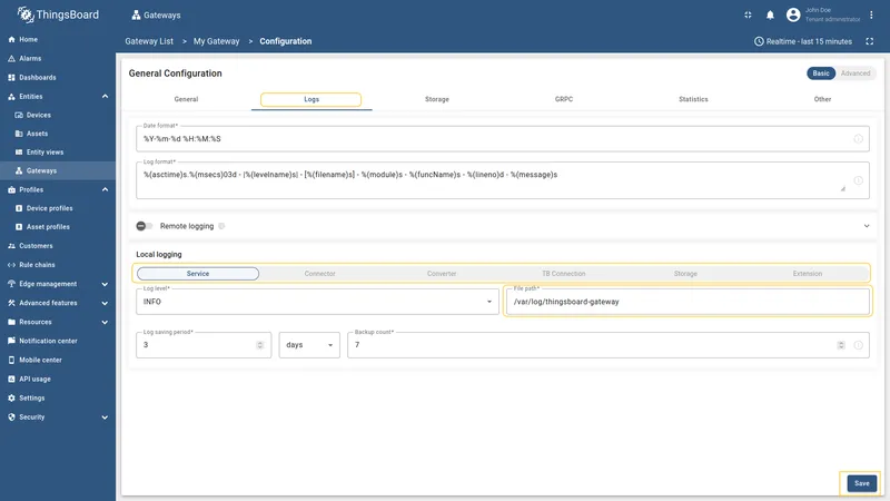 Logs tab with the file path field updated