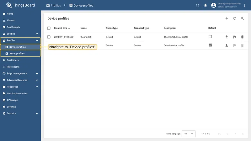 Open Device profiles on the ThingsBoard server