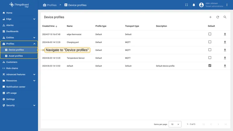 Open Device profiles on the Edge instance
