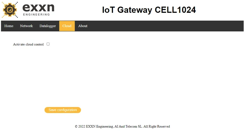 Open a Browser to the administration web of Cell 1024 using the URL: https://[IP_DEVICE] and go to the "<b>Cloud</b>" tab.