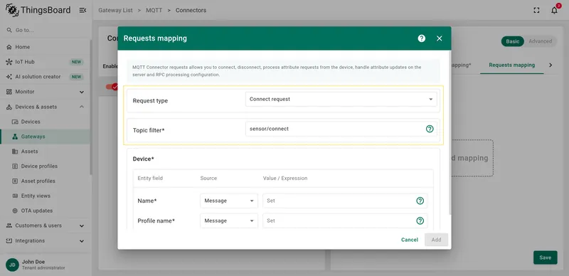 Select Connect request type and fill Topic filter