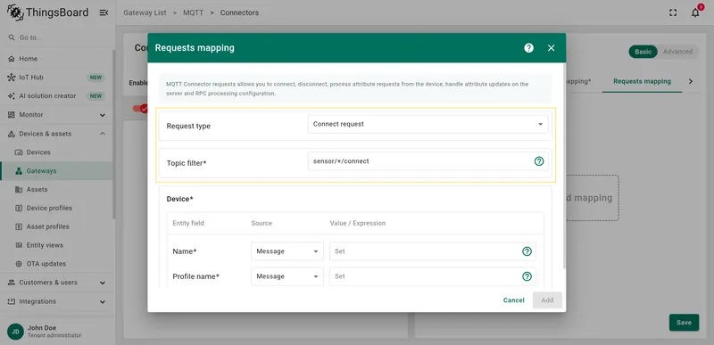 Select Connect request type with wildcard topic filter
