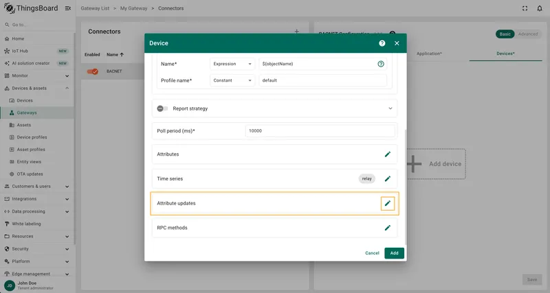 Open Attribute updates section for the device
