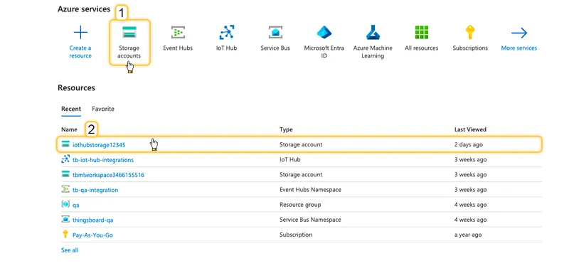 Azure portal home page with Storage accounts highlighted in Azure services and the storage account iothubstorage12345 selected from the Recent resources list