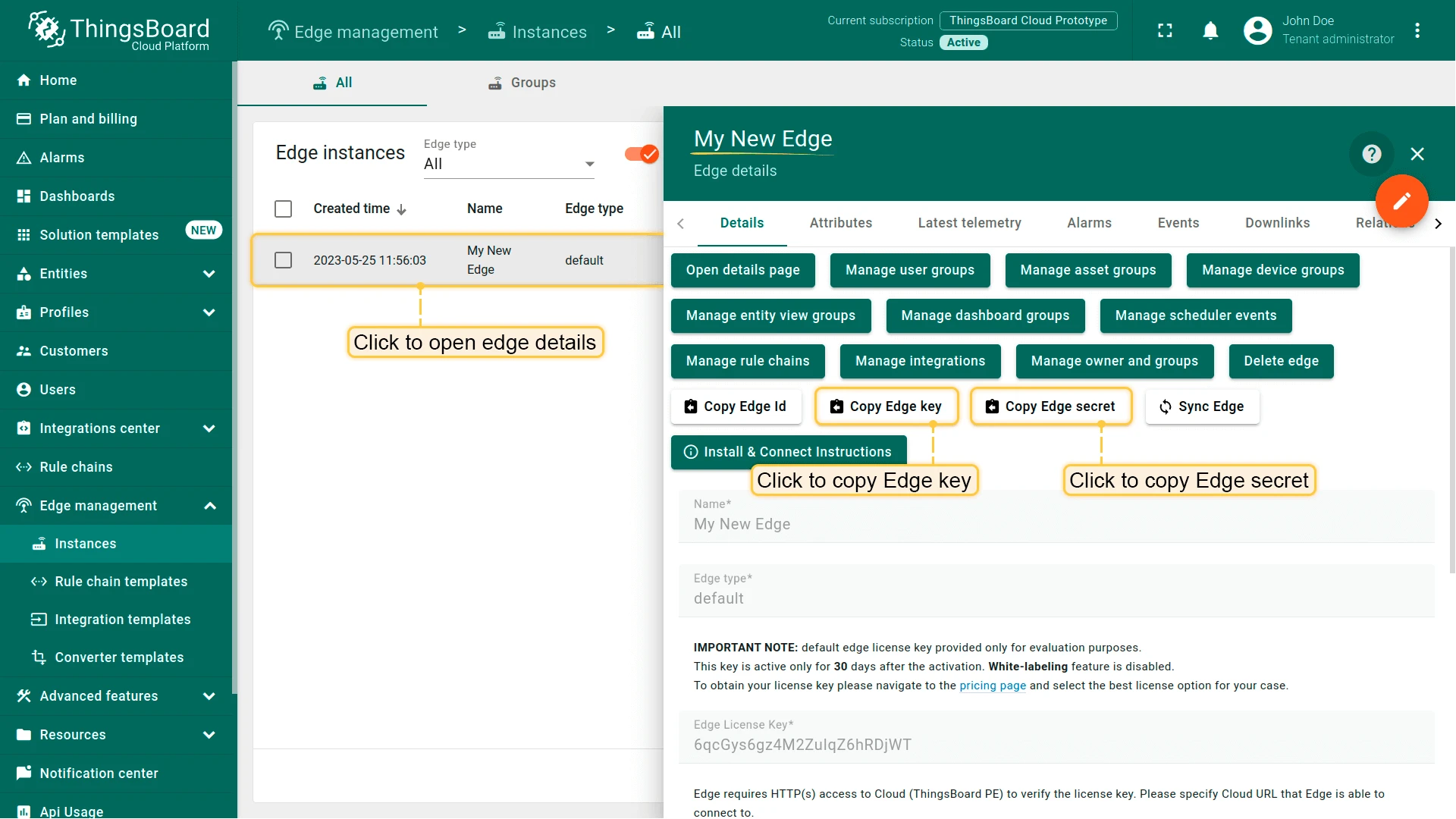 Copy Edge Key and Edge Secret from the instance details panel