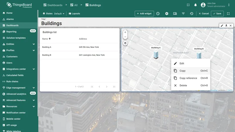Dashboard in edit mode with context menu opened on the map widget and Copy option available