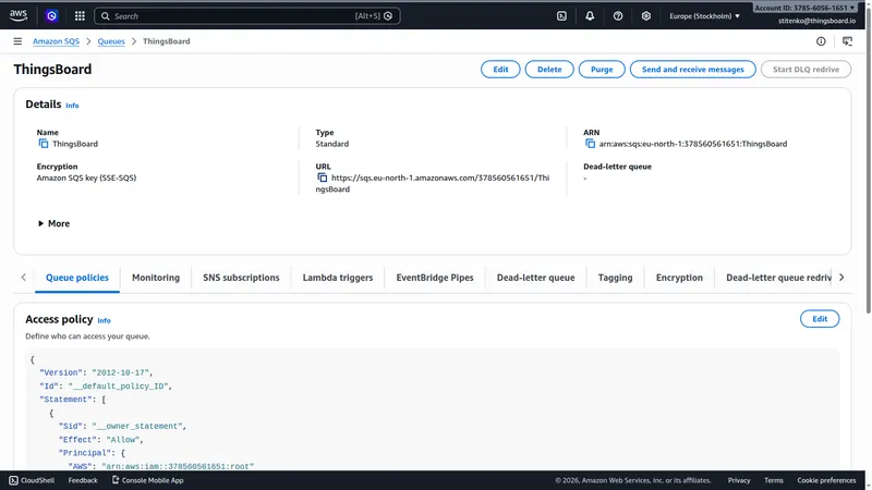 AWS SQS queue details page showing URL: https://sqs.eu-north-1.amazonaws.com/378560561651/ThingsBoard