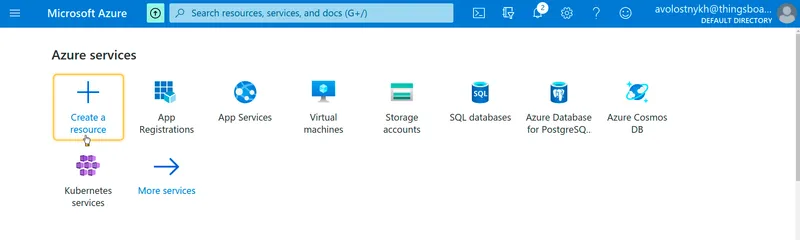 Azure portal home page with Create a resource tile highlighted