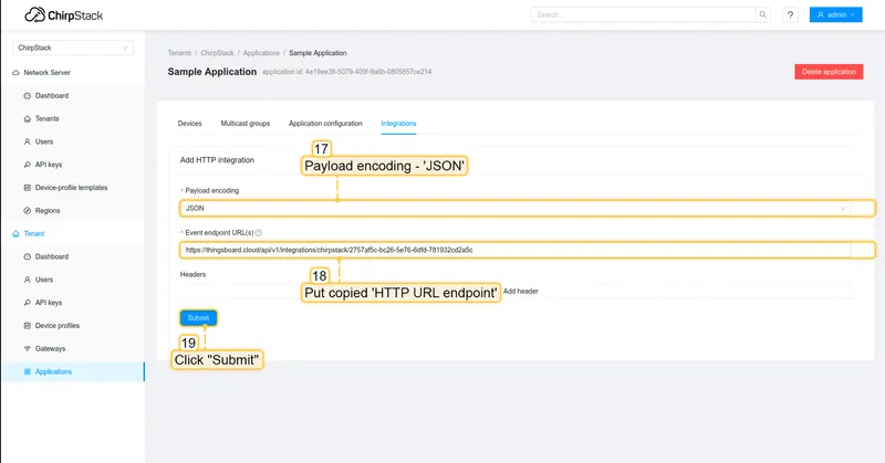 Put "**HTTP URL endpoint**" into "**Event Endpoint URL(s)**" field and click on "**Submit**" button.