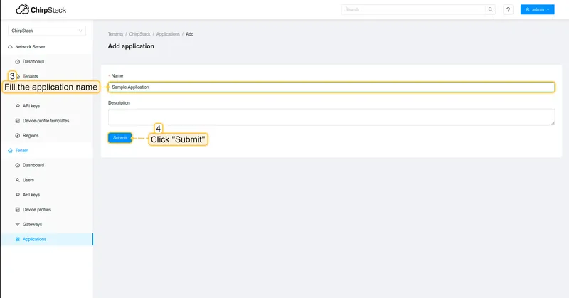 Fill application name and click on the "**Submit**" button.