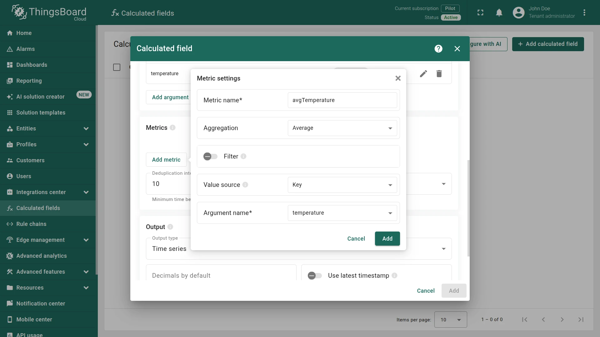 Metric settings dialog for avgTemperature with Average aggregation