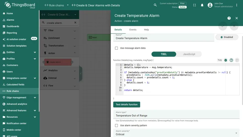 Create temperature alarm node configuration