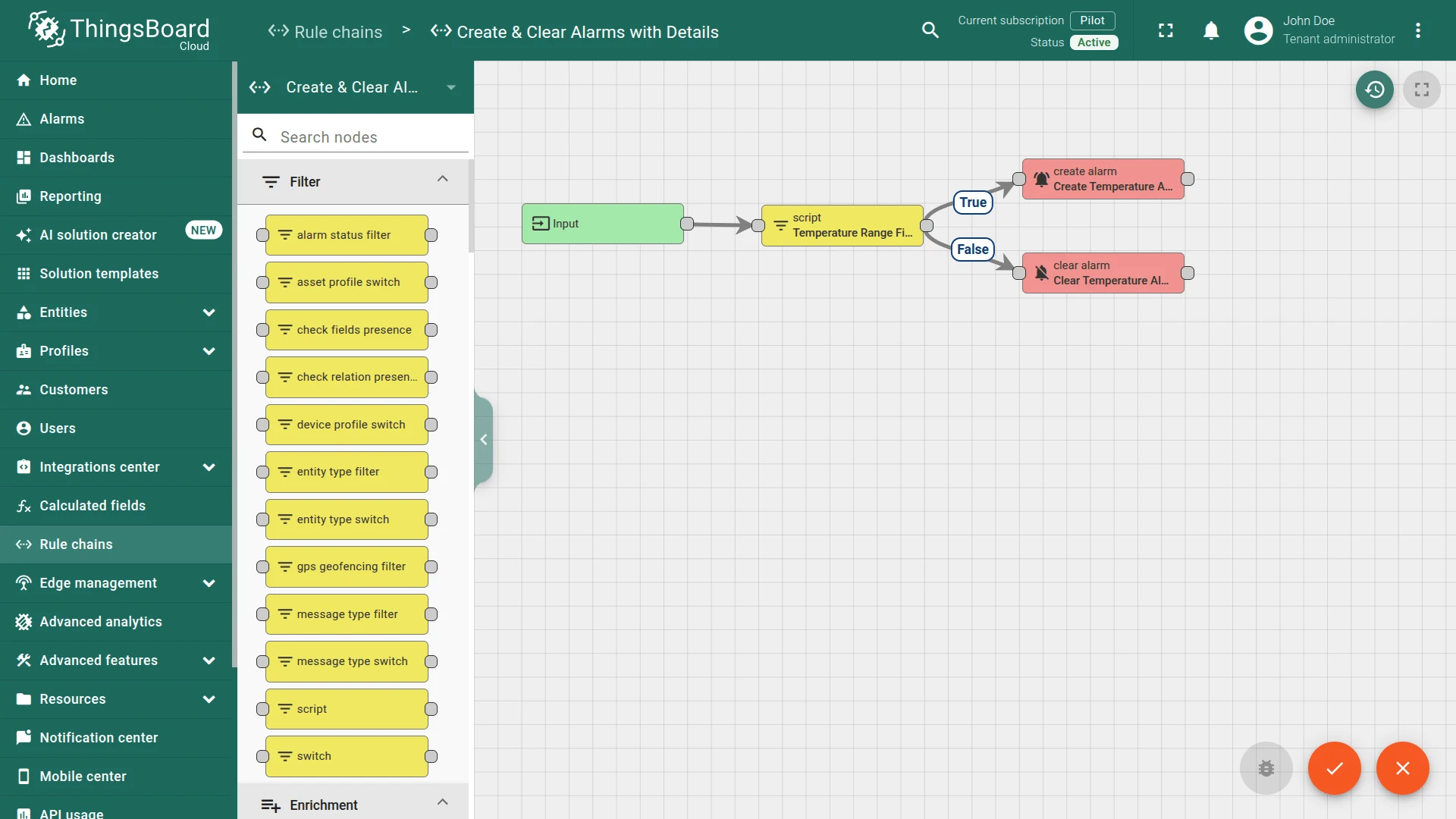 Create & Clear Alarms with Details rule chain