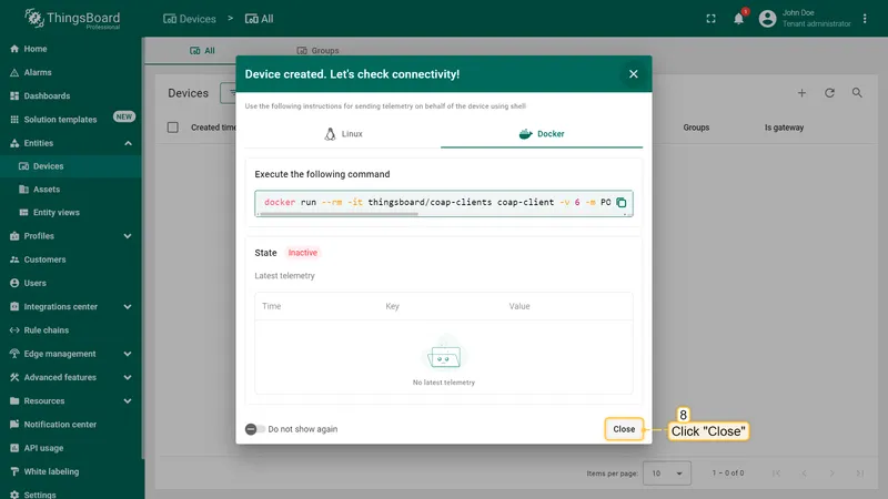 A window will open where you can check the device's connection to ThingsBoard. This step is optional. Close this window